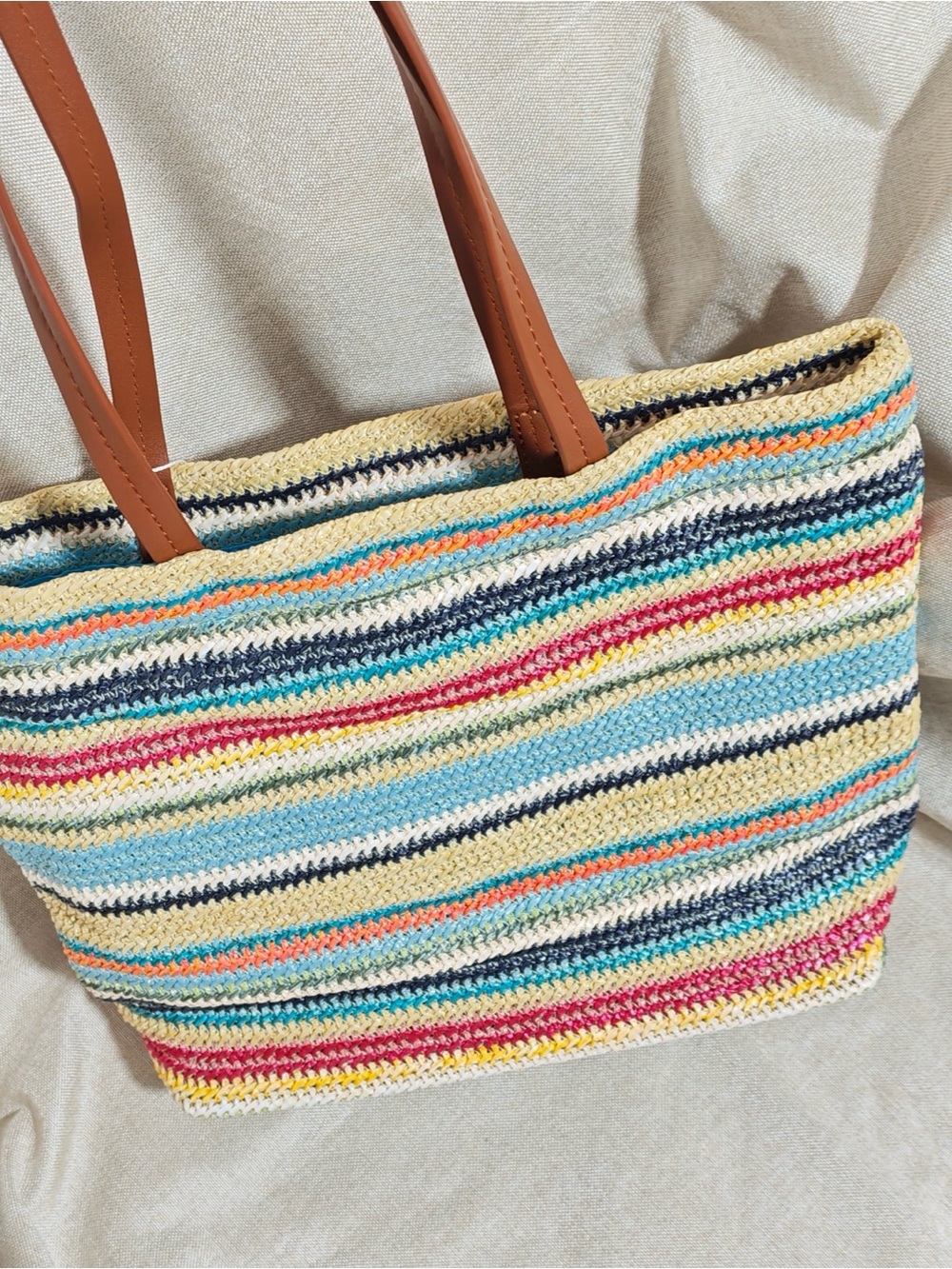 Miu Miu Multicolor Striped Crochet Tote with Brown Leather Straps - Picture 2 of 8